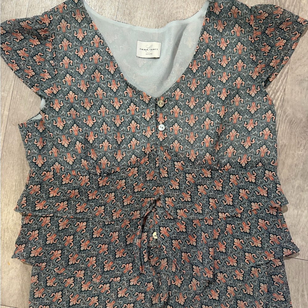 Printed Ruffle Front Button Blouse - Blue With Pe… - image 1